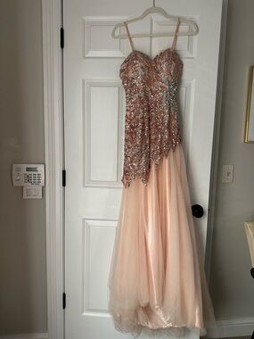 Angela & Alison Rose Gold Sequin Spaghetti Strap Prom Gown